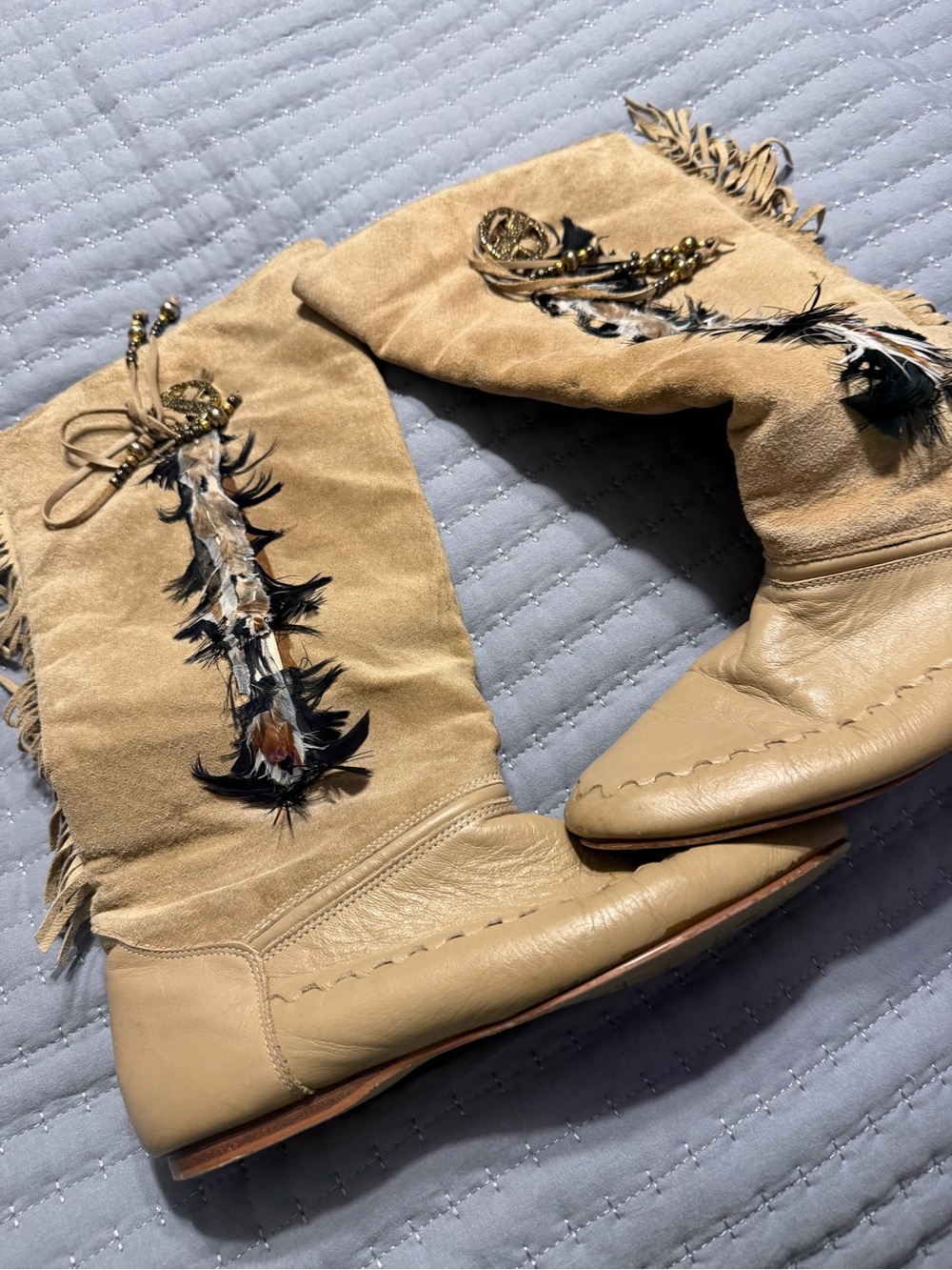 Maine Woods Tan Suede Fringe Moccasin Boots with Black Feather Trim